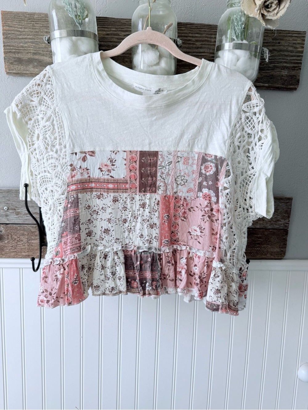 Altar'd State Cream Crop Top with Pink Patchwork & Crochet Sleeves
